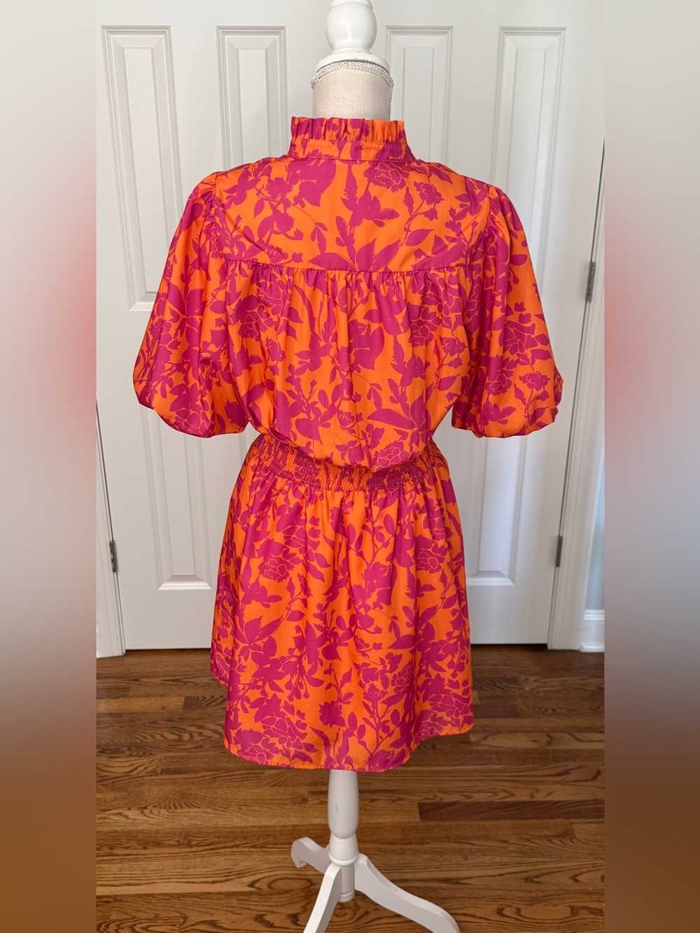 THML Orange and Pink Floral Smocked Waist Mini Dress Sz L - Picture 4 of 11
